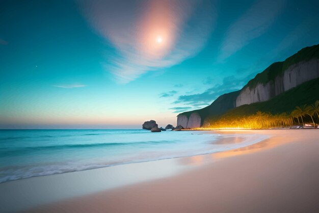 Photo a beach with a rock formation and the sun shining on it