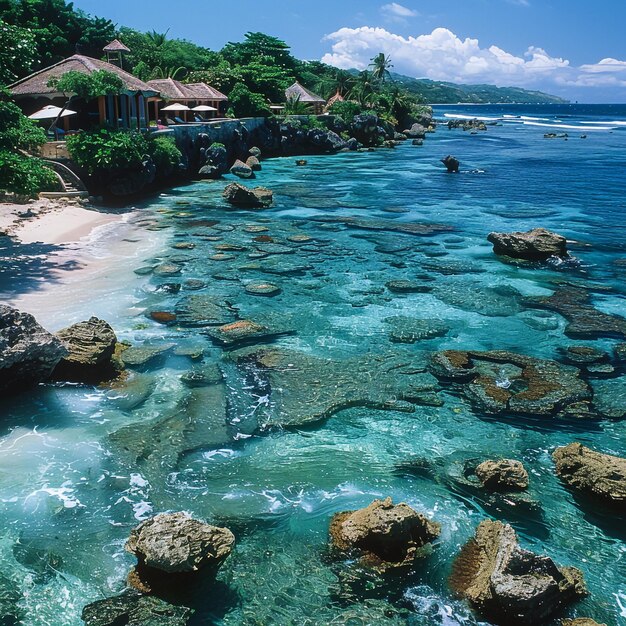 Photo a beach with rocks and a beach with a beach in the background