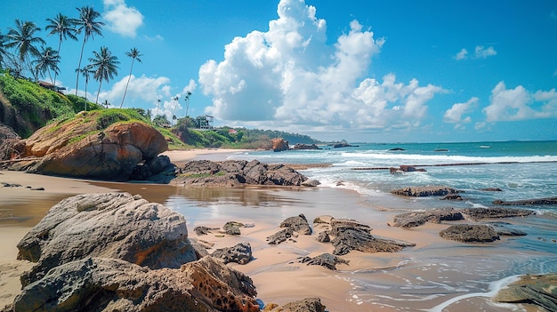 a beach with rocks and a beach with a palm tree in the background