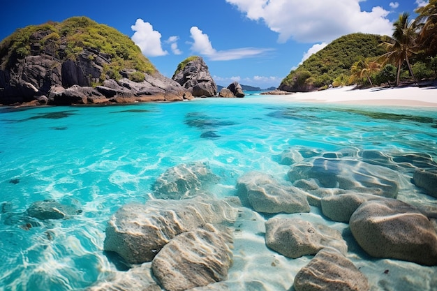 Photo a beach with rocks and a blue sky with a white sand beach in the background