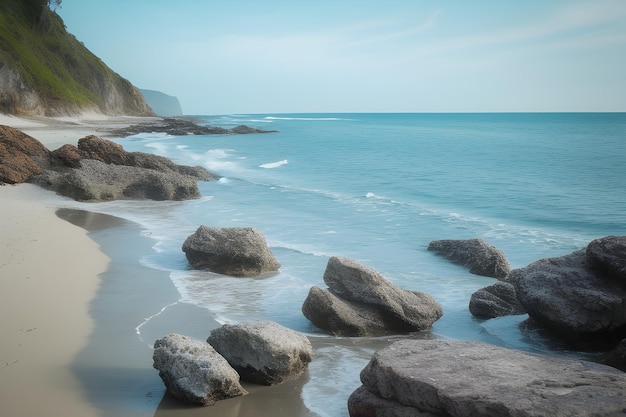 a beach with rocks and a cliff in the background