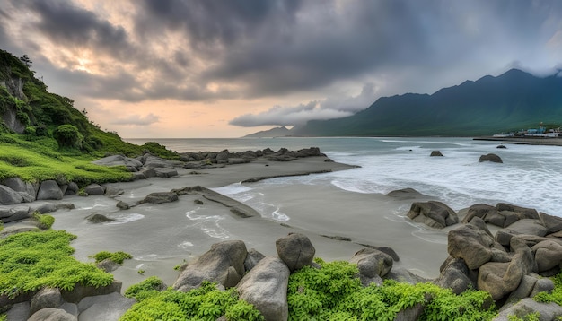 a beach with rocks and a cloudy sky in the background