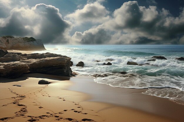 A beach with rocks and a cloudy sky