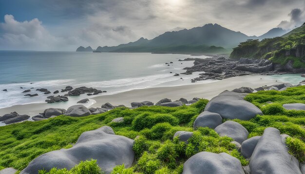 a beach with rocks and a green grass and a mountain in the background