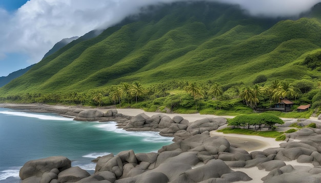 a beach with rocks and a mountain in the background