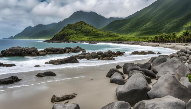 a beach with rocks and a mountain in the background