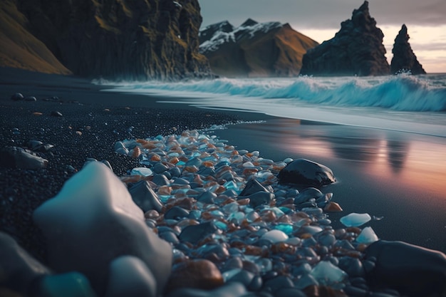 A beach with rocks and a mountain in the background