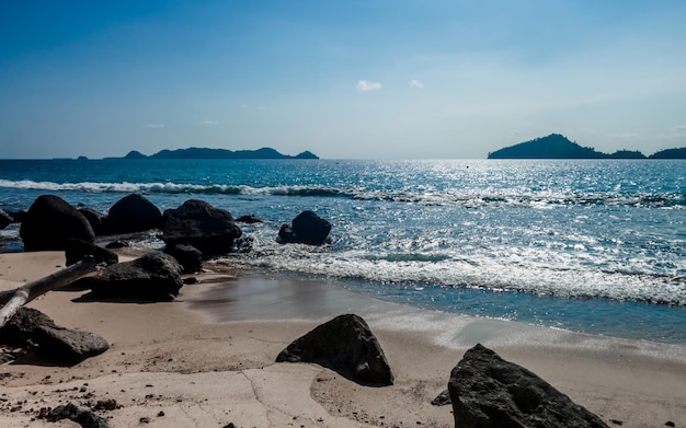 A beach with rocks and the ocean in the background