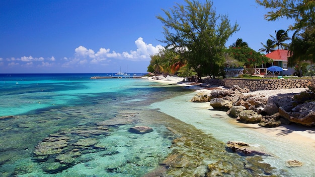 a beach with rocks and a palm tree on the side