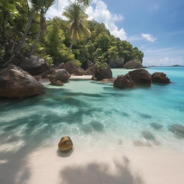 a beach with rocks and palm trees in the water