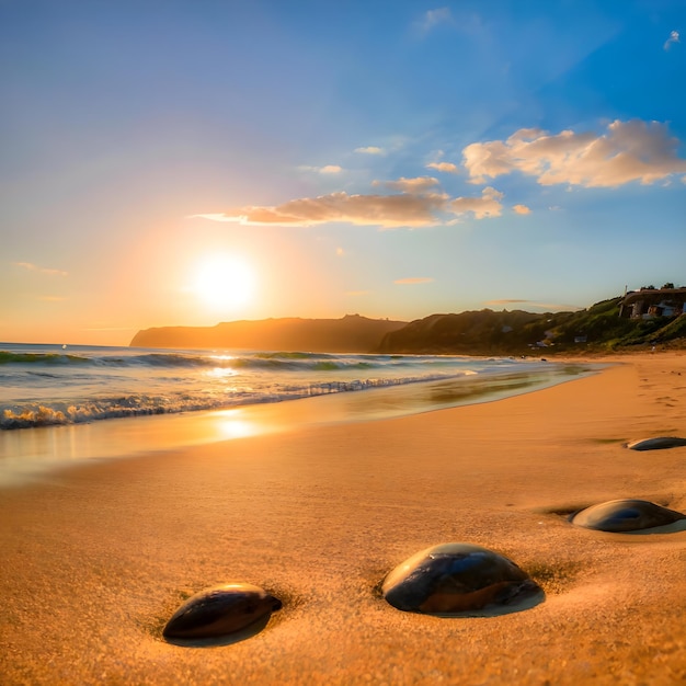 a beach with rocks on the sand and the sun setting