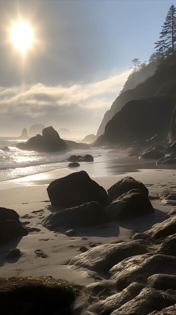 A beach with rocks and the sun