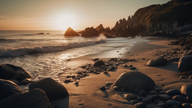 A beach with rocks and a sunset in the background