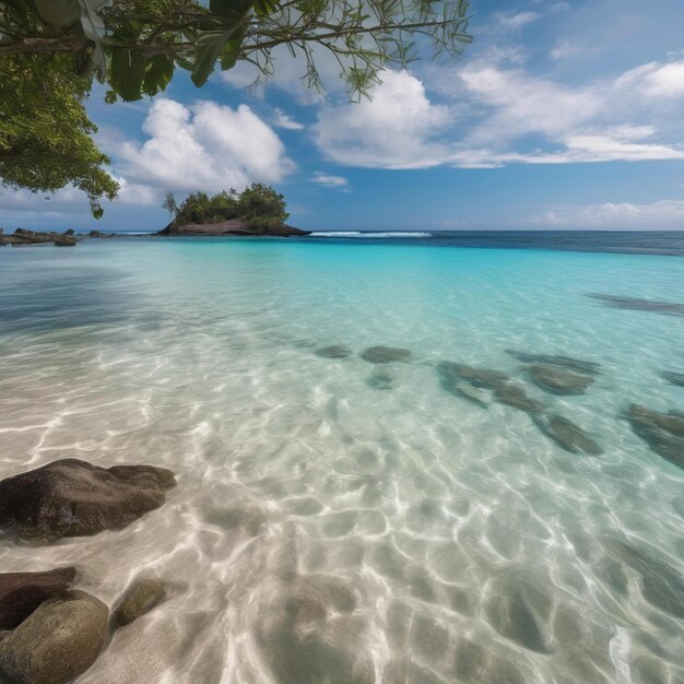 a beach with rocks and a tree in the water