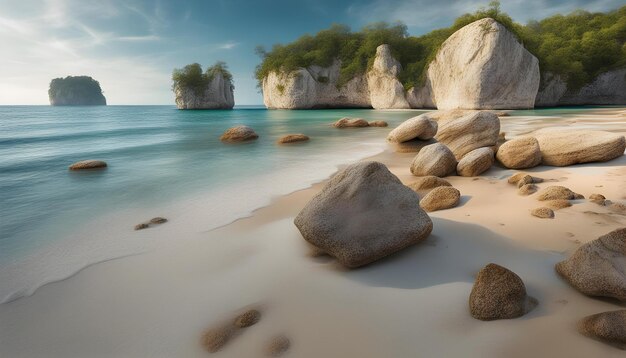 a beach with rocks and trees on the horizon