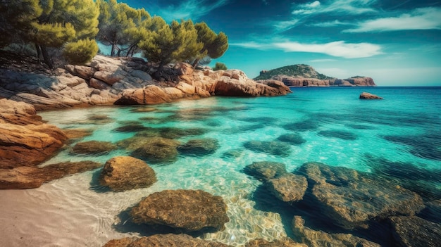 A beach with rocks and trees on it