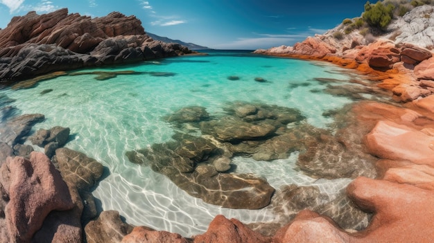 A beach with rocks and water in the foreground and a blue sky in the background.