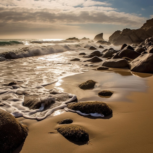 A beach with rocks and water on it