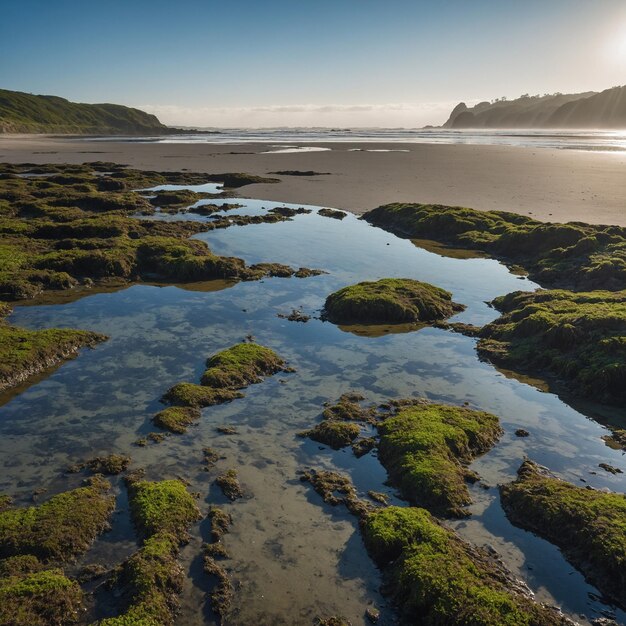 a beach with rocks and water and rocks in the foreground