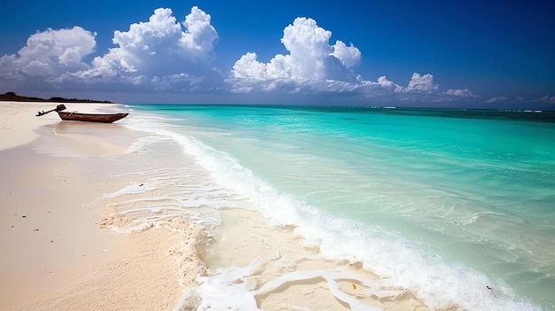 a beach with a sand beach and the ocean in the background