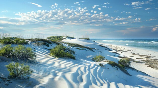 Photo a beach with sand dunes and a blue sky with clouds