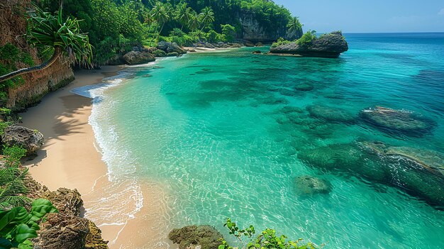 a beach with a sandy beach and turquoise water