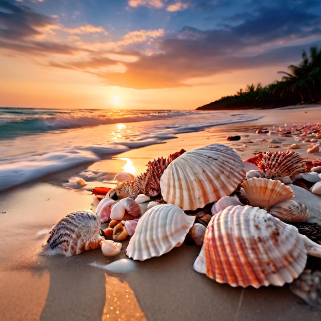 a beach with sea shells and a sunset in the background