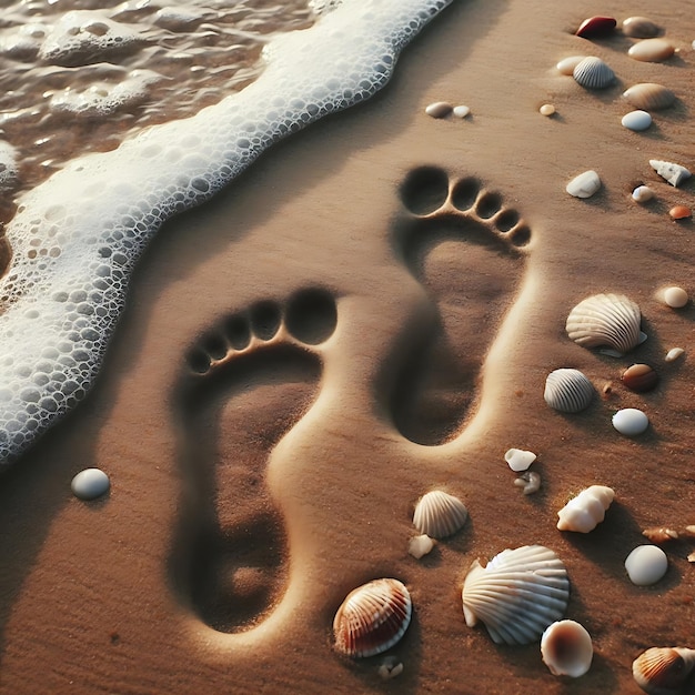 a beach with shells and a foot print in the sand