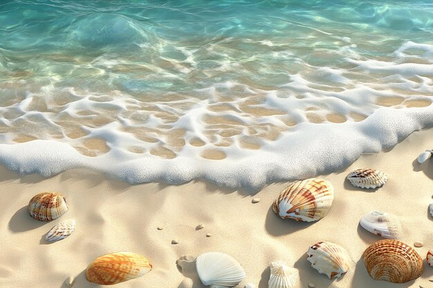 a beach with shells on it and the water is blue