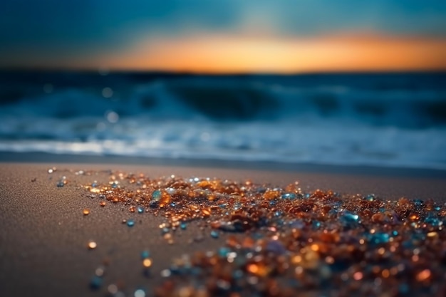 A beach with shells and the sun setting behind it