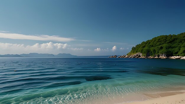 a beach with a small island in the water and a mountain in the background