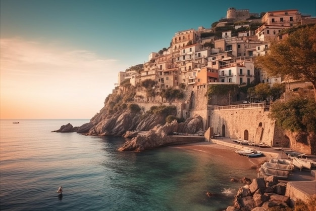 A beach with a small town in the background