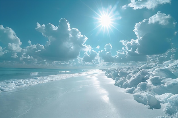 a beach with snow on the ground and the sun shining on the horizon