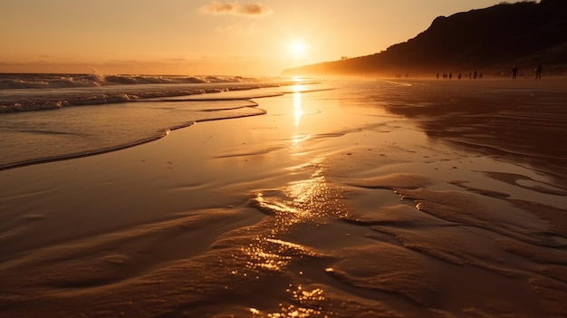 A beach with the sun setting over the horizon