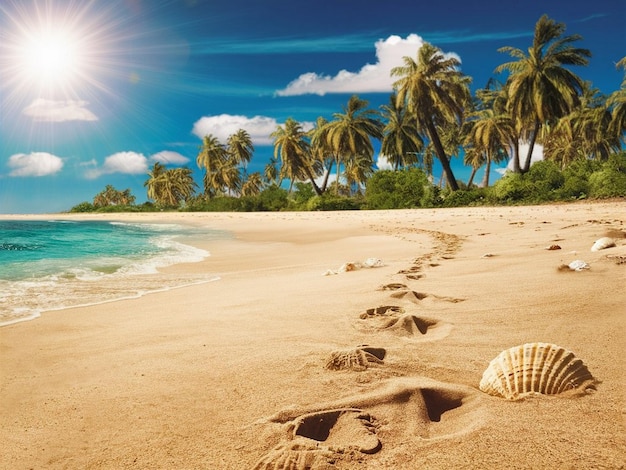 a beach with a sun shining on the sand