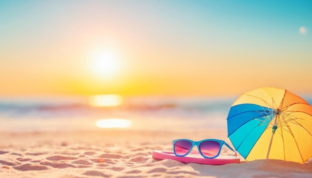 a beach with sunglasses and a beach umbrella