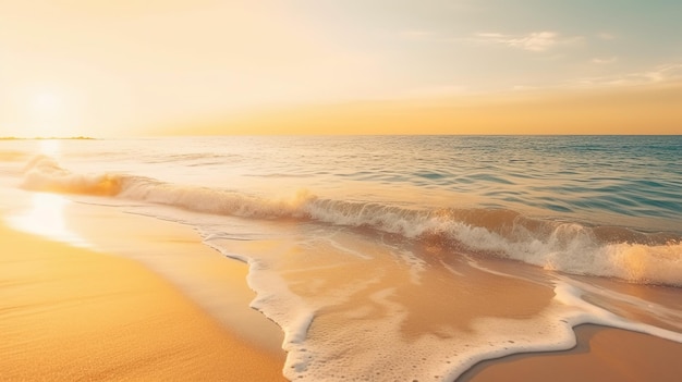 A beach with a sunset in the background