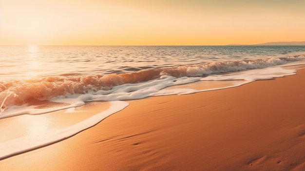 A beach with a sunset in the background