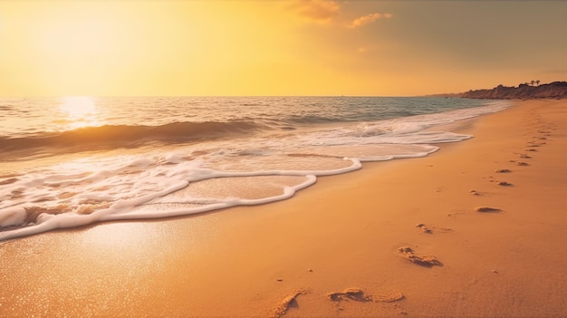 A beach with a sunset in the background