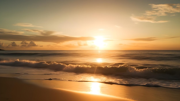 A beach with a sunset in the background