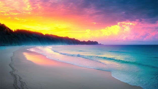 A beach with a sunset in the background