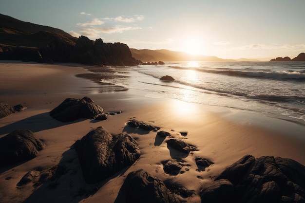 A beach with a sunset in the background