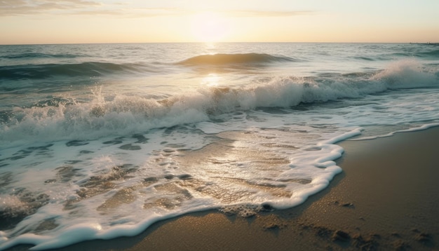 A beach with a sunset in the background