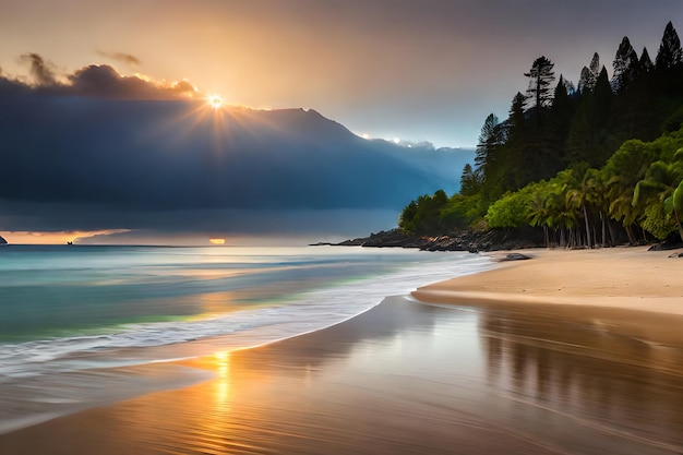 A beach with a sunset in the background