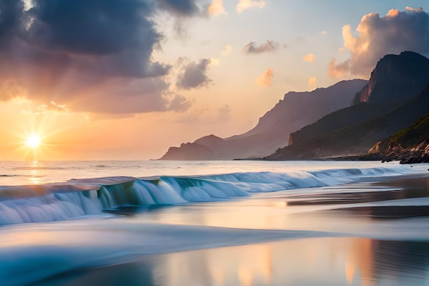 A beach with a sunset in the background