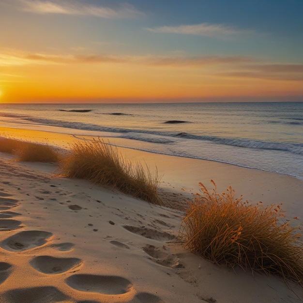 Photo a beach with a sunset and a beach scene