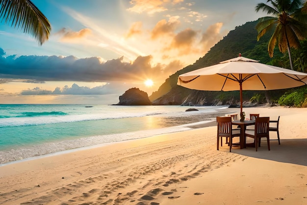 A beach with a sunset and a beach umbrella