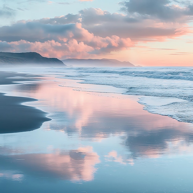 Photo a beach with a sunset and clouds in the background