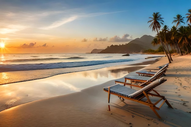 A beach with a sunset and a lounge chair