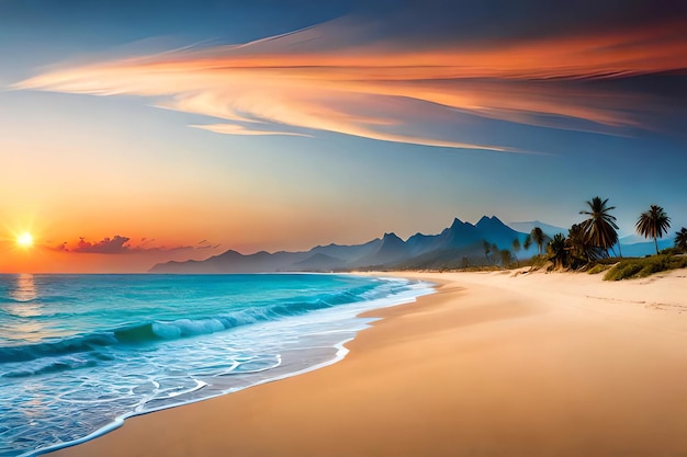 A beach with a sunset and mountains in the background